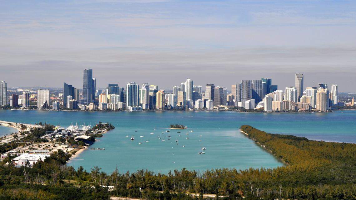 A view of Miami Marine Stadium, left, the basin and the downtown skyline.