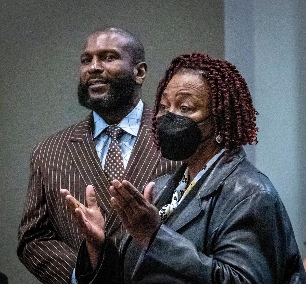 Bonita Jones-Peabody, right, and Vincent Brown, left, thank the Miami City Commission after they were appointed to the board of the Virginia Key Beach Park Trust on Jan. 12, 2023.