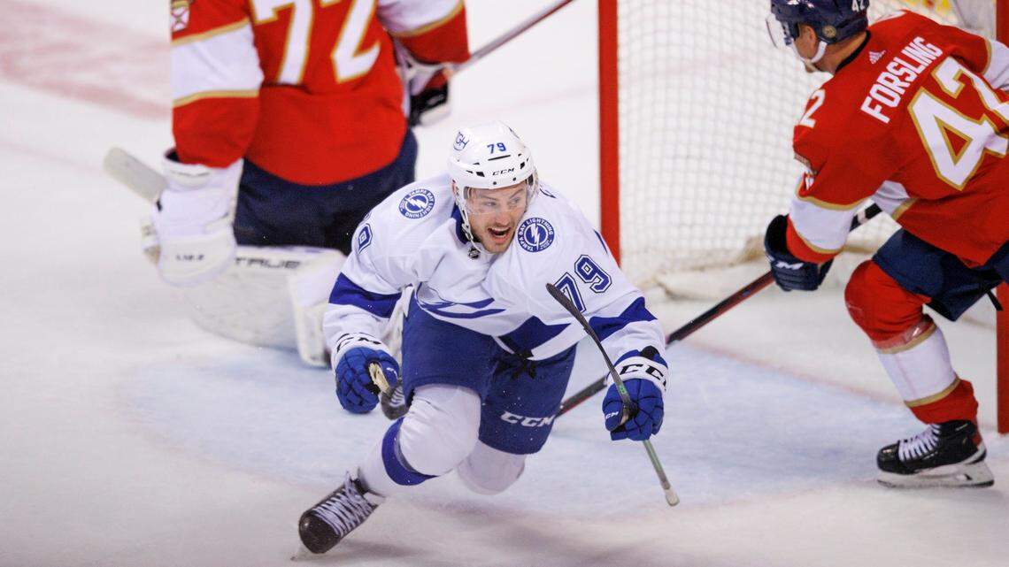 Tampa Bay Lightning center Ross Colton (79) celebrates after scoring the winning goal against the Florida Panthers goaltender Sergei Bobrovsky (72) during the third period of Game 2 of a second round NHL Stanley Cup series at FLA Live Arena on Thursday, May 19, 2022 in Sunrise, Fl.