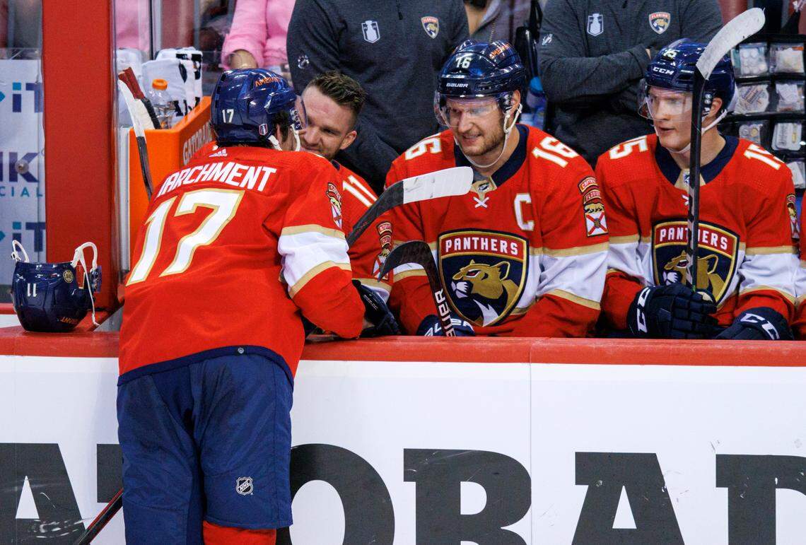 Florida Panthers left wing Mason Marchment (17) talks with left wing Jonathan Huberdeau (11) center Aleksander Barkov (16) and center Anton Lundell (15) during the third period of Game 2 of a first round NHL Stanley Cup series against the Washington Capitals at FLA Live Arena on Thursday, May 5, 2022 in Sunrise, Fl.