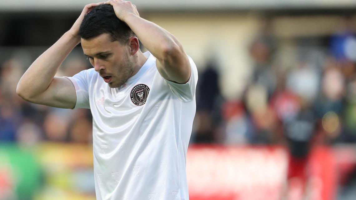 WASHINGTON, DC - MARCH 07: Lewis Morgan #7 of Inter Miami reacts after missing the goal on a shot against the D.C. United during the second half at Audi Field on March 7, 2020 in Washington, DC. (Photo by Patrick Smith/Getty Images)
