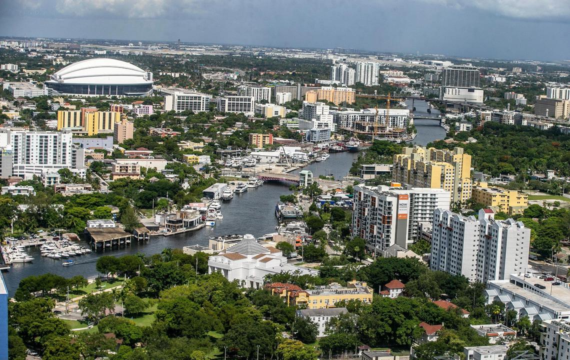 Aerial view looking west of the North West area including the Miami river, the Marlins’ stadium, etc., from the Government Building in downtown Miami on Friday, July 15, 2022.