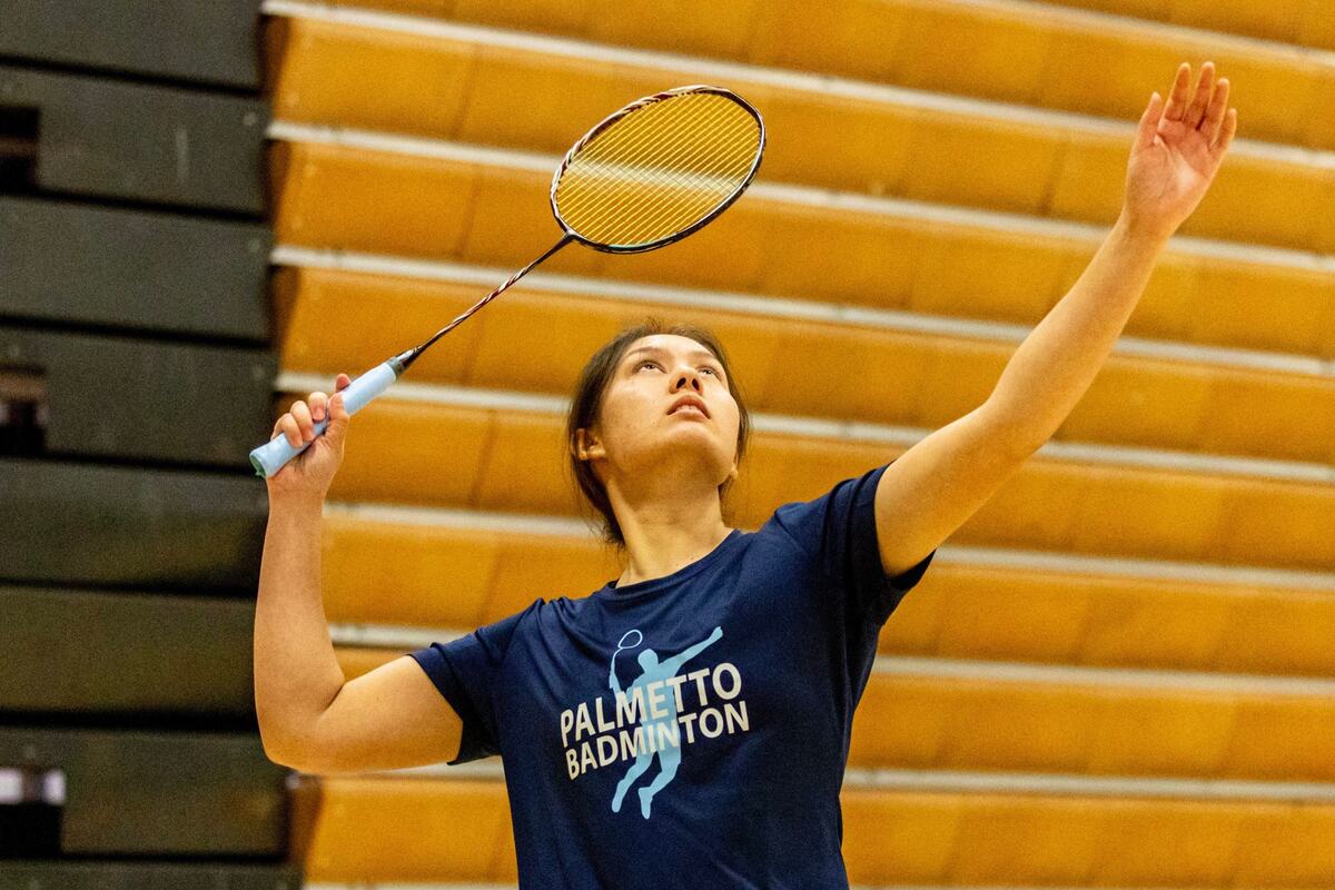 Katarina Slazas, 17, prepares to return a shot during the GMAC badminton tournament final for women’s singles at Braddock High School in Miami, Florida, on Thursday, April 18, 2024.
