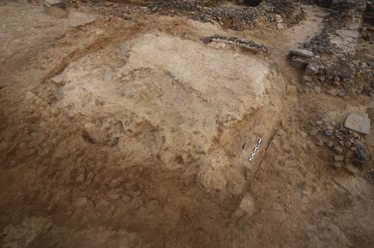The baptistry of the central-eastern church as seen during excavations.
