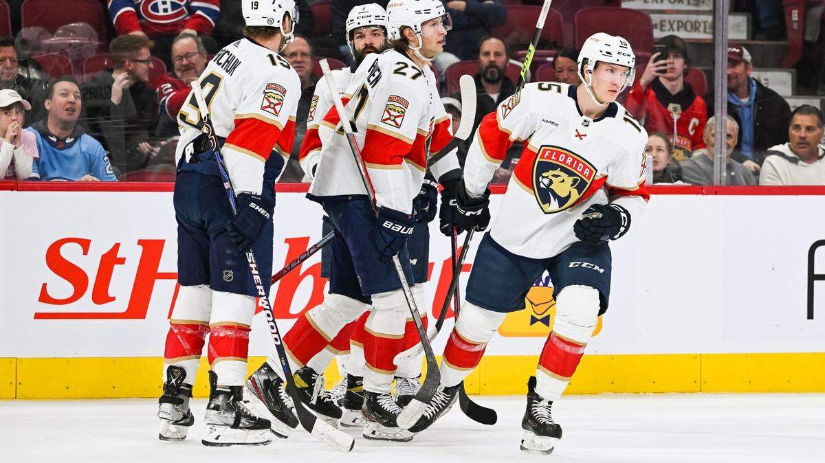 Mar 30, 2023; Montreal, Quebec, CAN; Florida Panthers center Anton Lundell (15) skates back the the bench after celebrating his goal against the Montreal Canadiens during the first period at Bell Centre. Mandatory Credit: David Kirouac-USA TODAY Sports