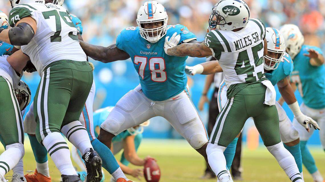 Miami Dolphins offensive tackle Laremy Tunsil (78) blocks in the first half against he Jets before leaving with a knee injury.  Tunsil hasn’t allowed a sack this season, according to the NFL.