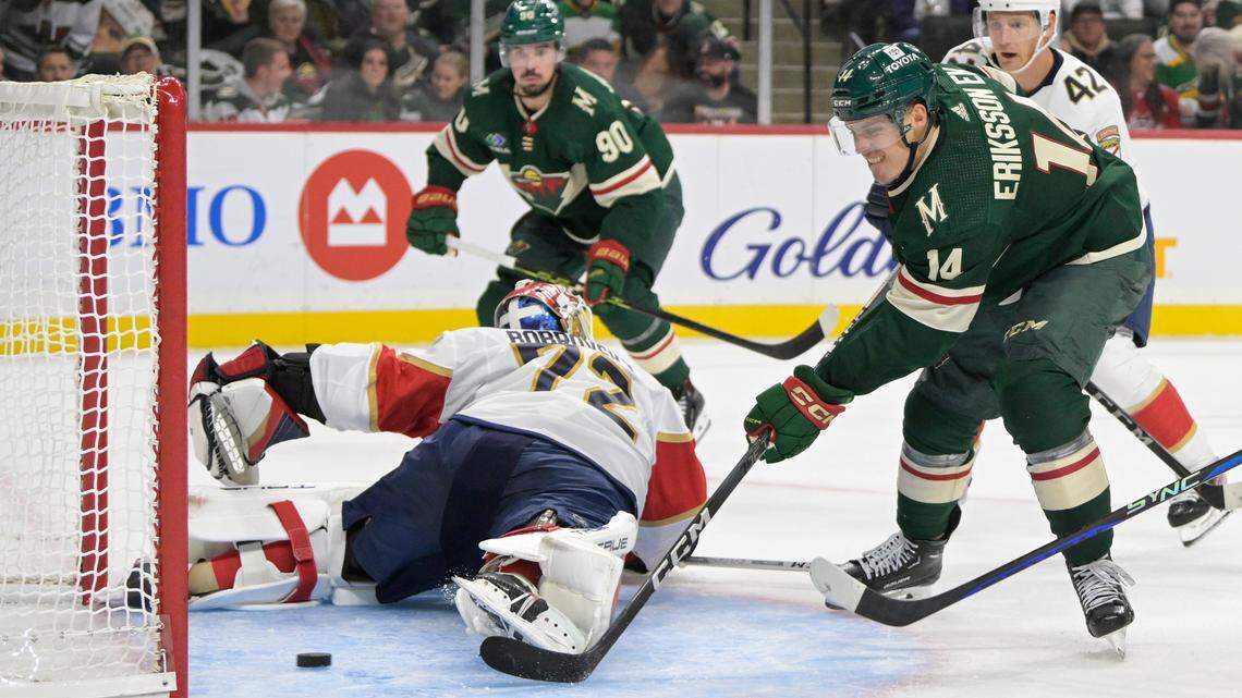 Oct 12, 2023; Saint Paul, Minnesota, USA; Minnesota Wild forward Joel Eriksson Ek (14) beats Florida Panthers goalie Sergei Bobrovsky (72) for a power play goal during the second period at Xcel Energy Center.
