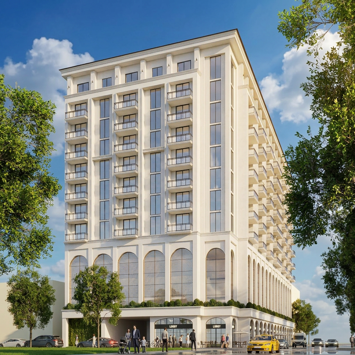 A rendering depicts an affordable and workforce apartment building that developer Nuri Dorra plans to build on land the city of Miami ceded to his Mabruk USA at no cost at 1251 SW Seventh St. in Little Havana.