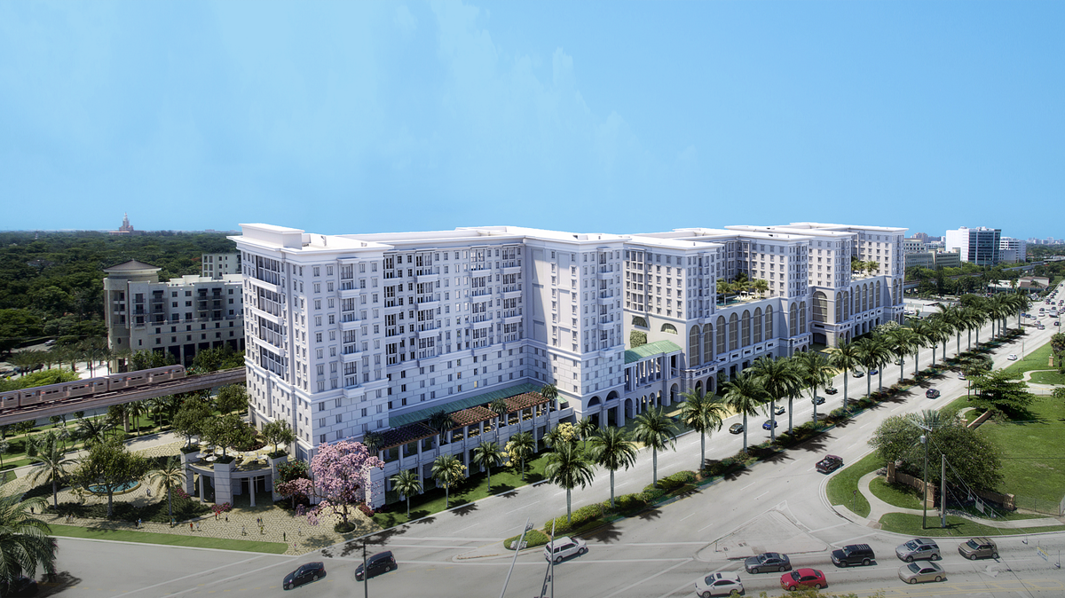 Architectural rendering of Life Time Living Luxury Residences in Coral Gables, a 495-unit luxury apartment building that includes access to a Life Time athletic resort.