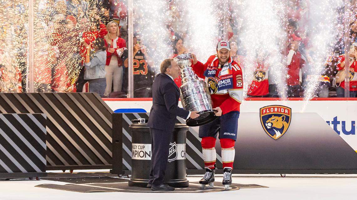 Commissioner of the NHL Gary Bettman hands Florida Panthers center Aleksander Barkov (16) the Stanley Cup after they defeated the Edmonton Oilers 2 to 1 in Game 7 of the Stanley Cup Final at Amerant Bank Arena on Monday, June 24, 2024, in Sunrise, Fla.