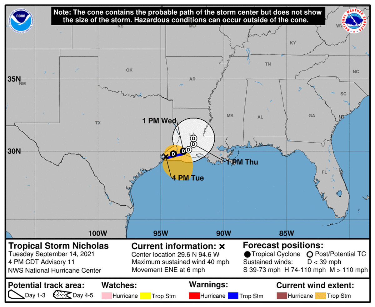 Tropical Storm Nicholas slowed down as it crossed the Louisiana border Tuesday afternoon, but intense rainfall continued.