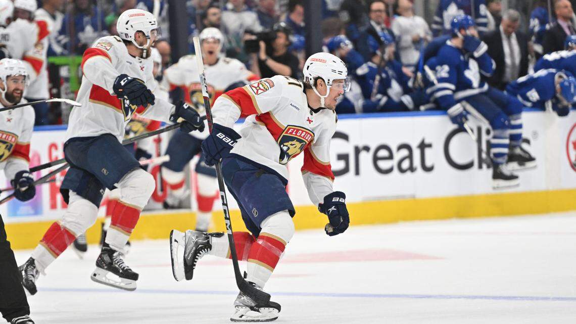 May 12, 2023; Toronto, Ontario, CAN; Florida Panthers forward Nick Cousins (21) celebrates the winning goal in overtime against the Toronto Maple Leafs in game five of the second round of the 2023 Stanley Cup Playoffs at Scotiabank Arena. Mandatory Credit: Dan Hamilton-USA TODAY Sports