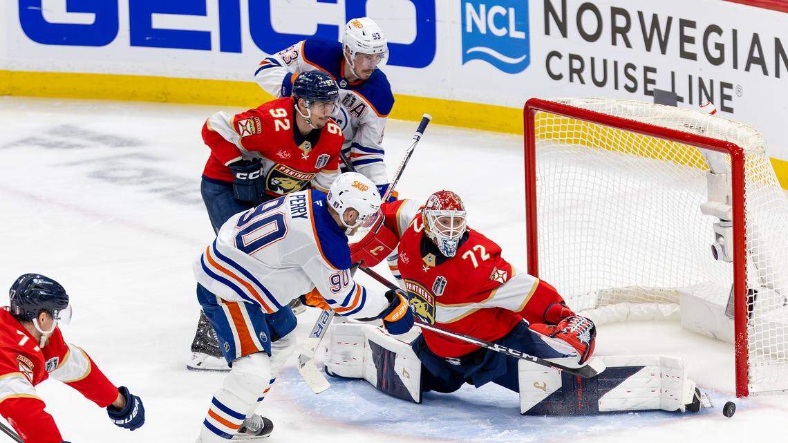 Florida Panthers goaltender Sergei Bobrovsky (72) stops a shot by Edmonton Oilers right wing Corey Perry (90) during the third period of Game 4 in the Stanley Cup Final at Amerant Bank Arena on Thursday, June 12, 2025, in Sunrise, Fla.