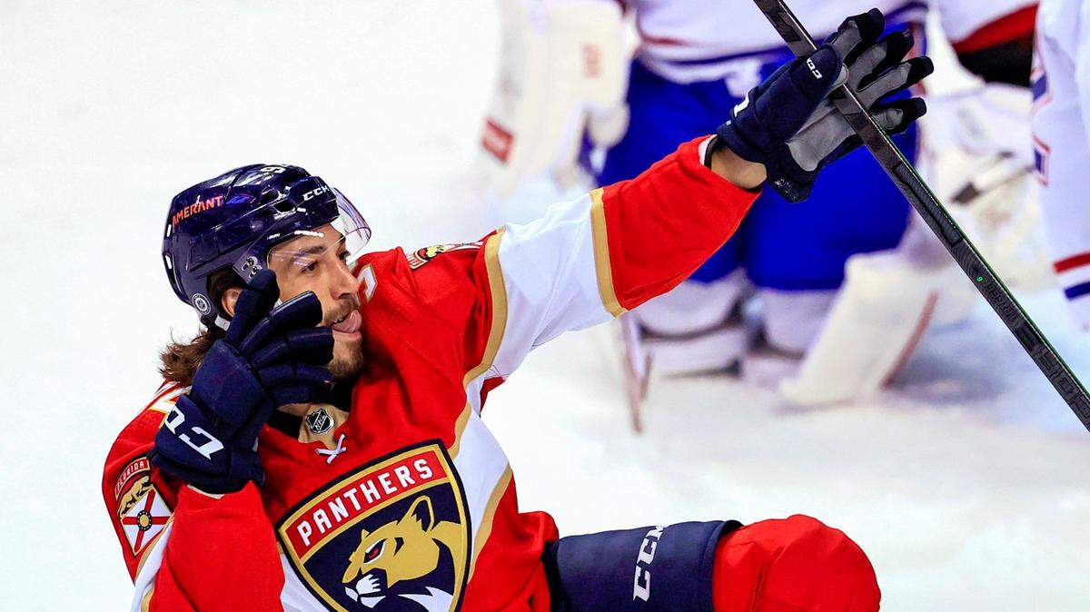 Florida Panthers left wing Ryan Lomberg (94) reacts after scoring a goal during the second period of an NHL game against the Montreal Canadiens at the FLA Live Arena on Tuesday, March 29, 2022 in Sunrise, Fl.