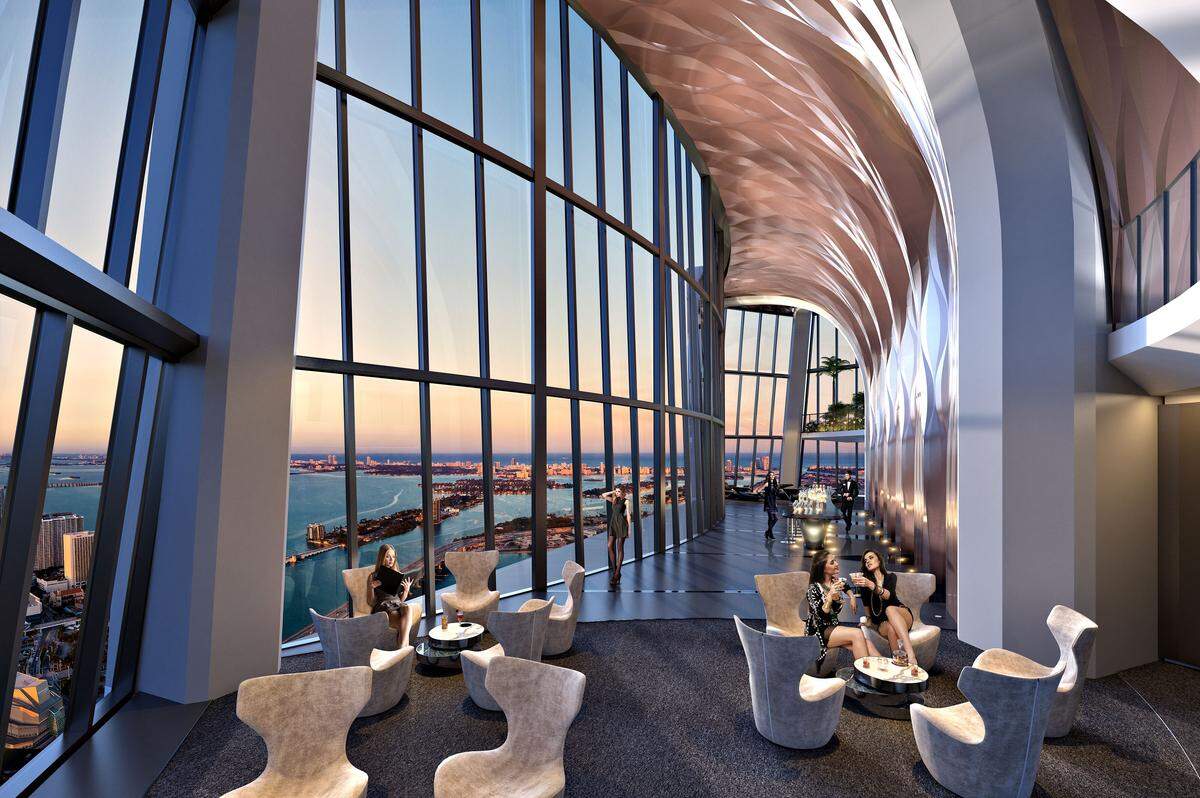 Helicopter passengers can await their flight at the One Thousand Museum SkyLounge and enjoy panoramic views.