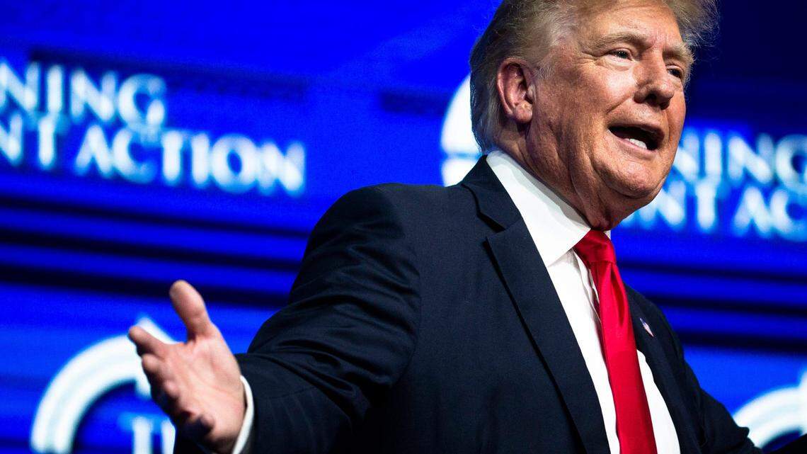 During his first post-presidency visit to Arizona, former President Donald J. Trump speaks at the Rally to Protect Our Elections! sponsored by Turning Point Action at the Arizona Federal Theatre in Phoenix, July 24, 2021. Benjamin Chambers/The Republic Bch Gannett Summary 009