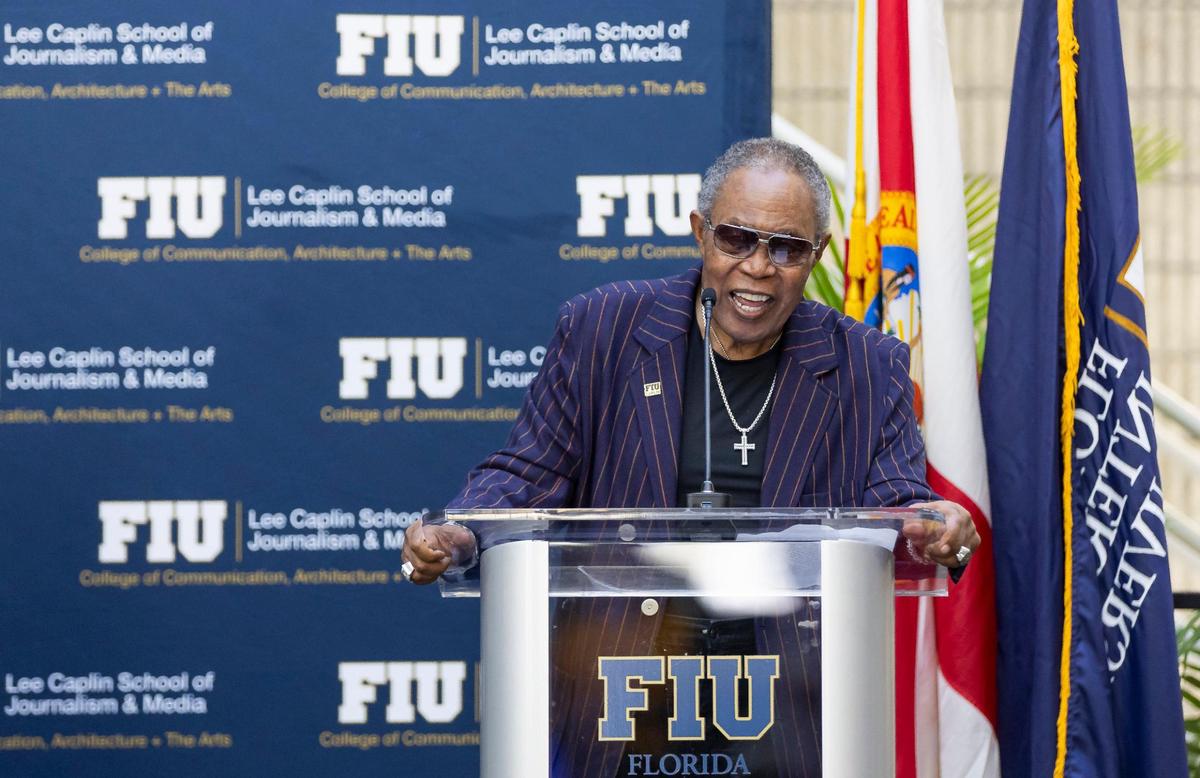 American singer Sam Moore speaks during a ribbon-cutting ceremony at Florida International University Biscayne Bay Campus on Friday, Nov. 17, 2023, in North Miami, Fla. The ceremony was held to officially unveil the Lee Caplin School of Journalism & Media, the iSTAR Volumetric Capture Studio and the Sam Moore: The Legendary Soul Man Theatre.