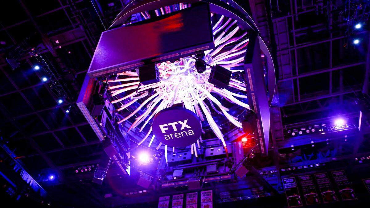 The jumbotron at what used to be called FTX Arena in Miami, Florida, on Monday, October 4, 2021, features the FTX logo. That will be disappearing. 