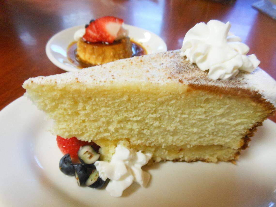 Dominican cake with pineapple jam at Mangú Dominican restaurant in Hialeah.