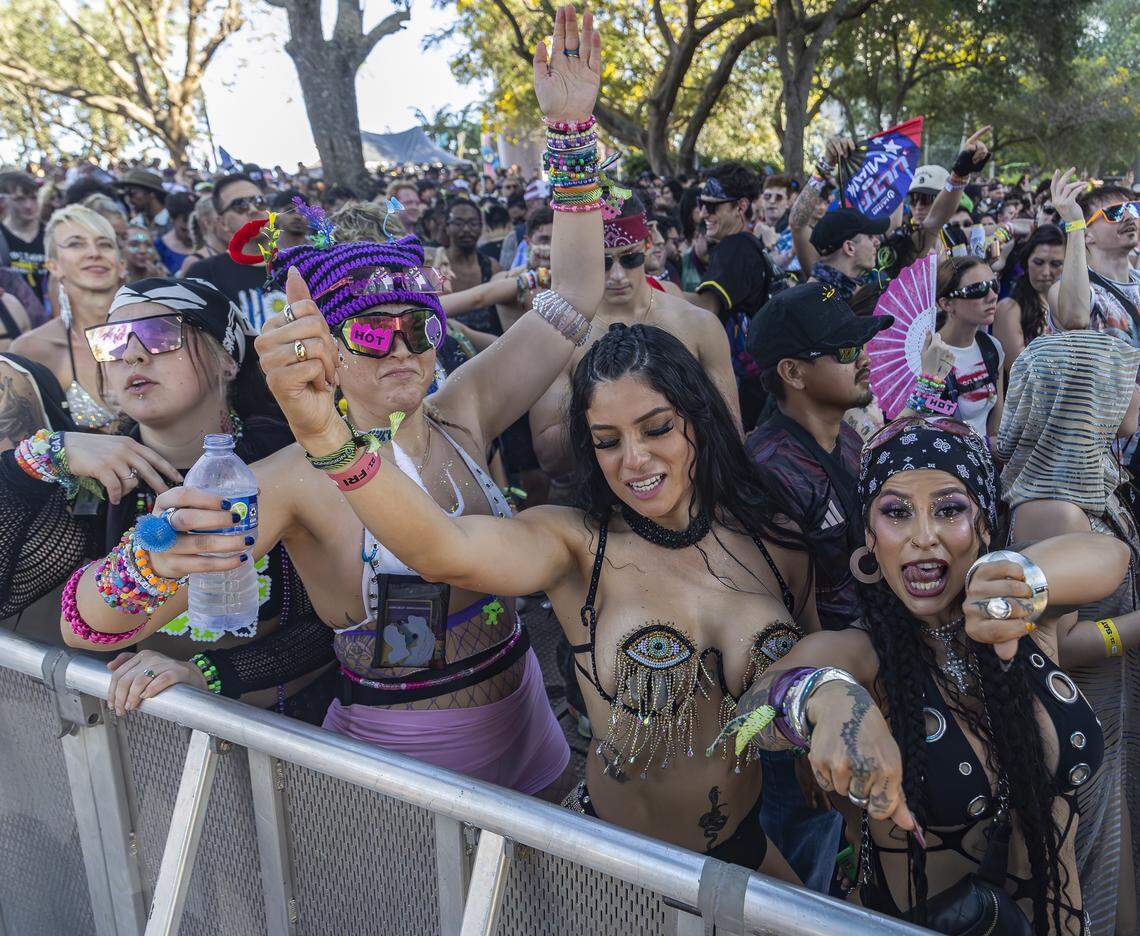 From left to right: Kaytlin Toth, 23, from Daytona, Amy Jarman, 26, from Cincinnati, Raquel Cruz, 23, from Las Vegas, and Zoe Trujillo, 30, from Las Vegas, dance as Armnhmr performs during Ultra Music Festival’s 26th anniversary at Bayfront Park on Saturday, March 28, 2026, in downtown Miami, Fla.