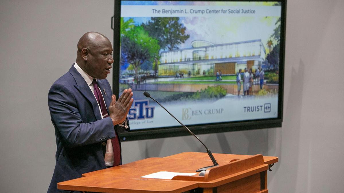 Social justice attorney Ben Crump speaks at St. Thomas University School of Law in Miami Gardens on Dec. 2, 2021, where an announcement was made about the new Benjamin L. Crump Center for Social Justice. The center is initially being funded by a $1 million leadership grant from Truist Financial Corporation’s charitable arm. Thursday marked the opening of a $35 million campaign by the College of Law ‘ to train and support a new and diverse generation of lawyers fighting for justice.’