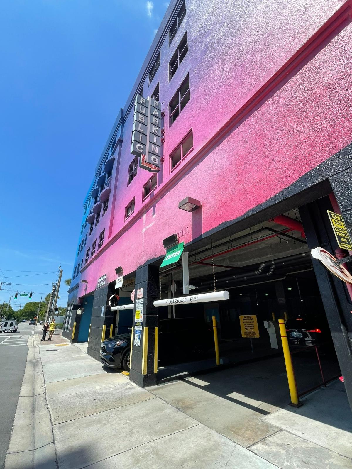 A vehicle exits a parking garage at Polk Street and N 19th Avenue in Hollywood, Florida on May 9, 2023.