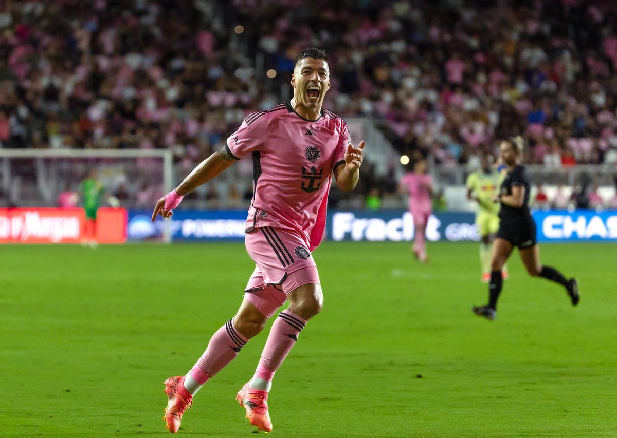 Inter Miami forward Luis Suárez (9) reacts after a play in the second half of their MLS match against the New York Red Bulls at Chase Stadium on Saturday, May 4, 2024, in Fort Lauderdale, Fla.