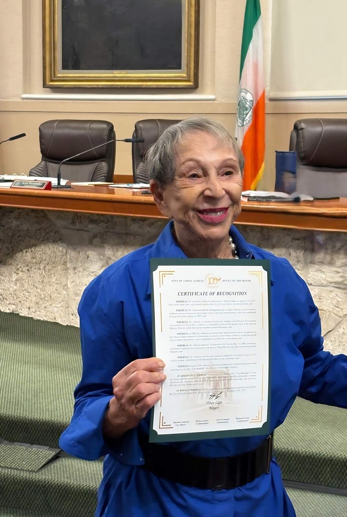 Dr. Josephine Johnson with her “Certificate of Recognition” at Coral Gables City Hall on Nov. 18.