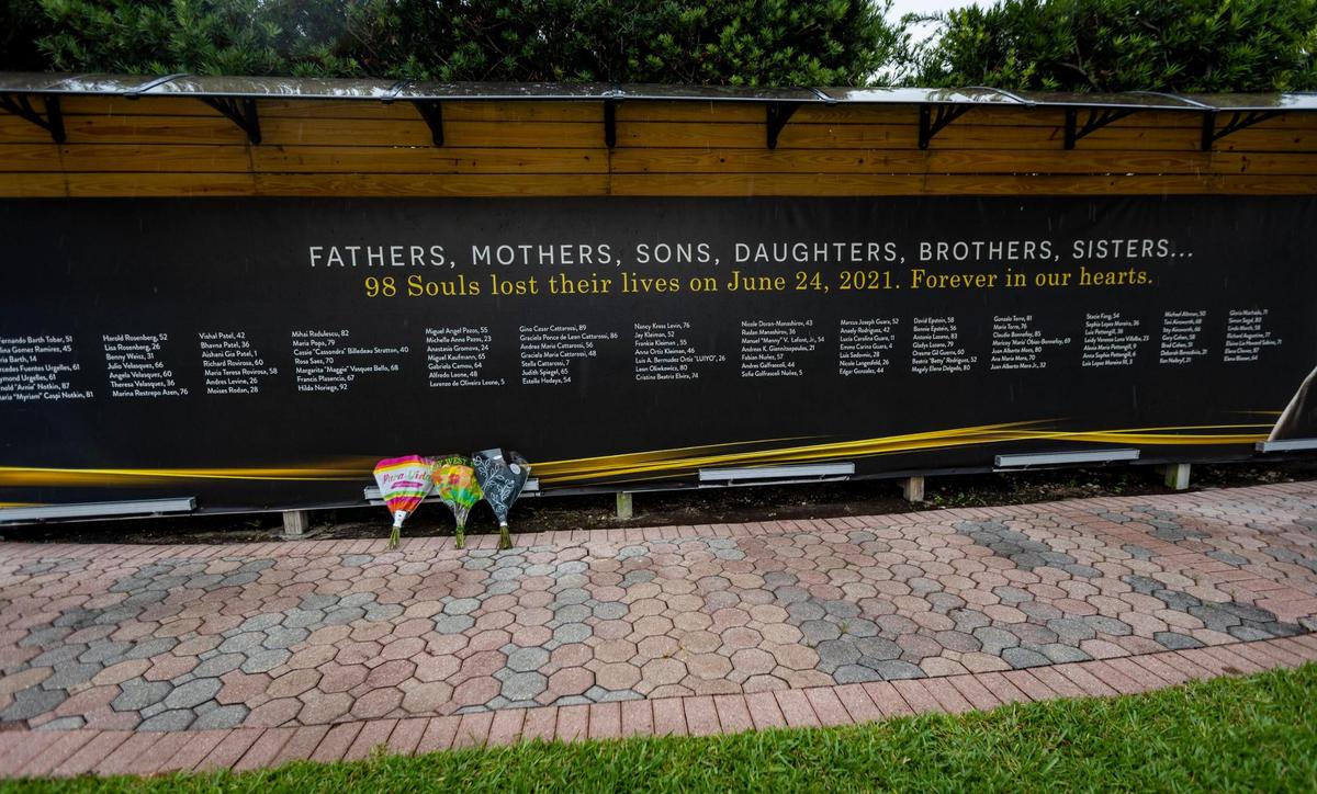 A memorial near the site of Champlain Towers South is pictured June 22, 2023.