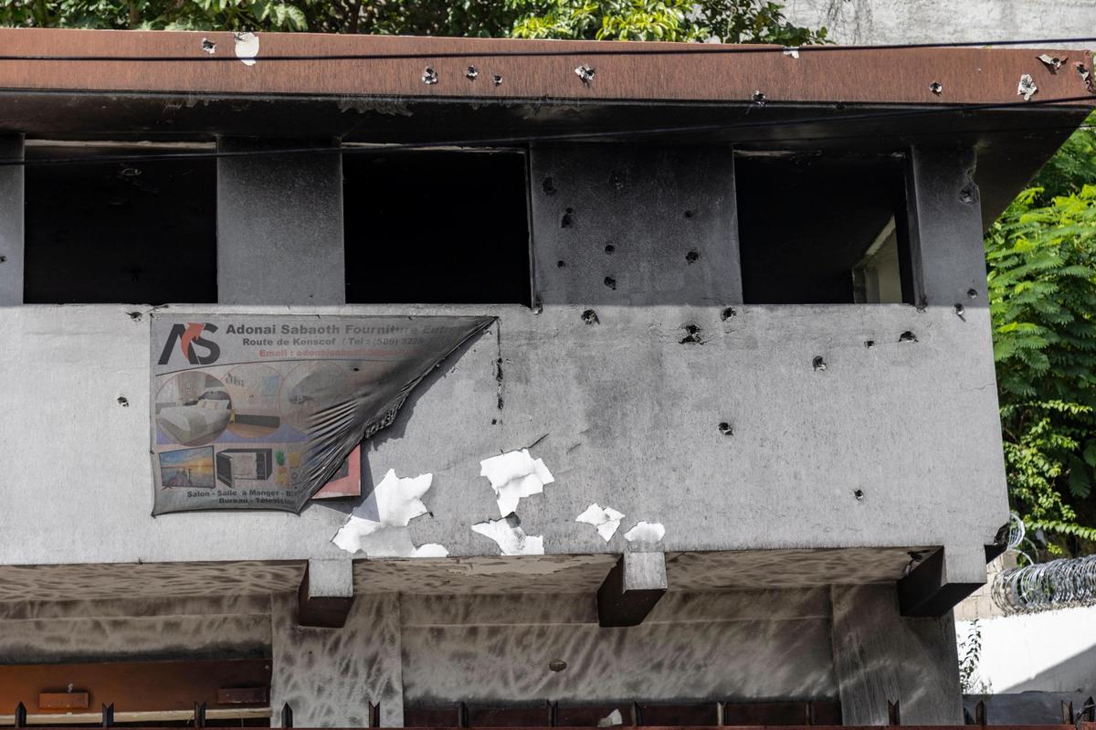 The two-story building with bullet holes where a shootout with Colombian soldiers and Haitian police took place after the July 7, 2021, assassination of Haitian President Jovenel Moïse.