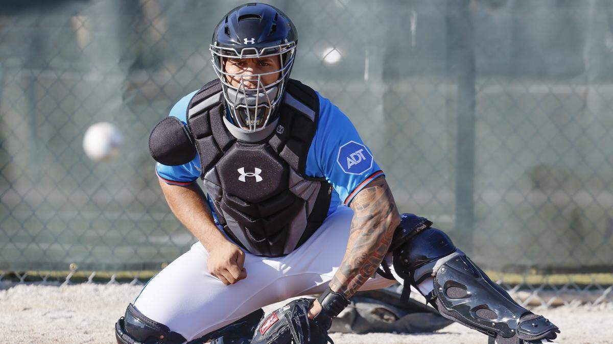 Miami Marlins catcher Agustín Ramírez (50) at first day of practice during spring training at Roger Dean Chevrolet Stadium in Jupiter, Florida on Wednesday, February 11, 2026