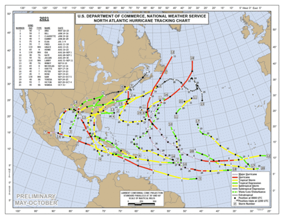 A map of all the named storms in the 2021 hurricane season.