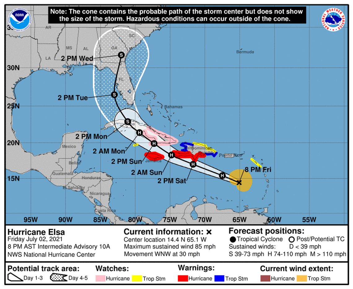 Hurricane Elsa is powering through the eastern Caribbean as a category 1 storm, with a projected track across the mountains of Haiti and Cuba.