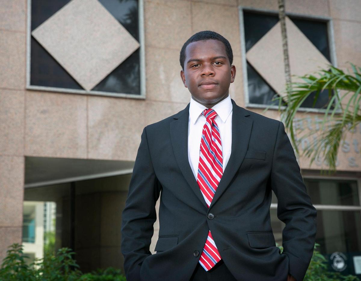 Raymond Adderly III, 17, is a Broward County School Board student advisor and candidate for the School Board’s Seat 8. Adderly is shown outside the School Board headquarters at the Kathleen C. Wright Administration Center on July 27, 2021.  