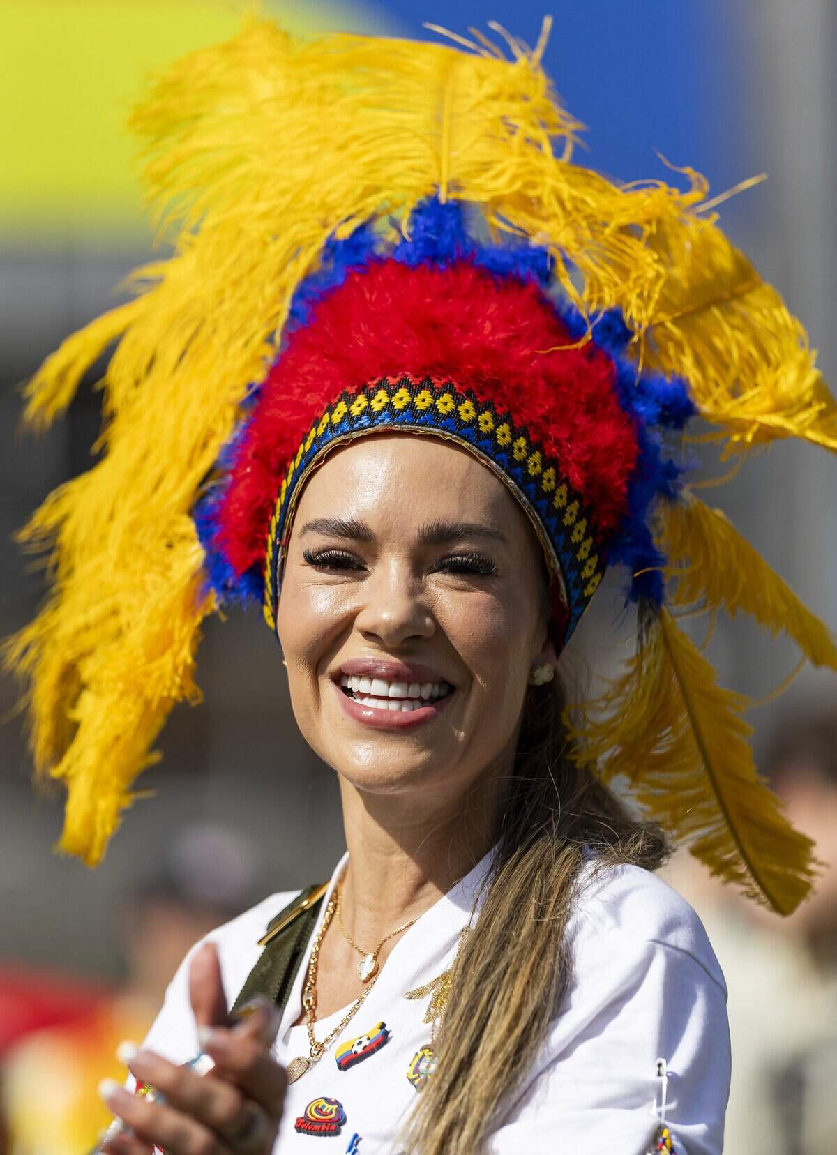 Colombia fan Marcela Rodriguez arrives to watch her team play against Portugal in their World Cup Group K soccer match at Hard Rock Stadium (Miami Stadium) on Saturday, June 27, 2026, in Miami Gardens, Fla.