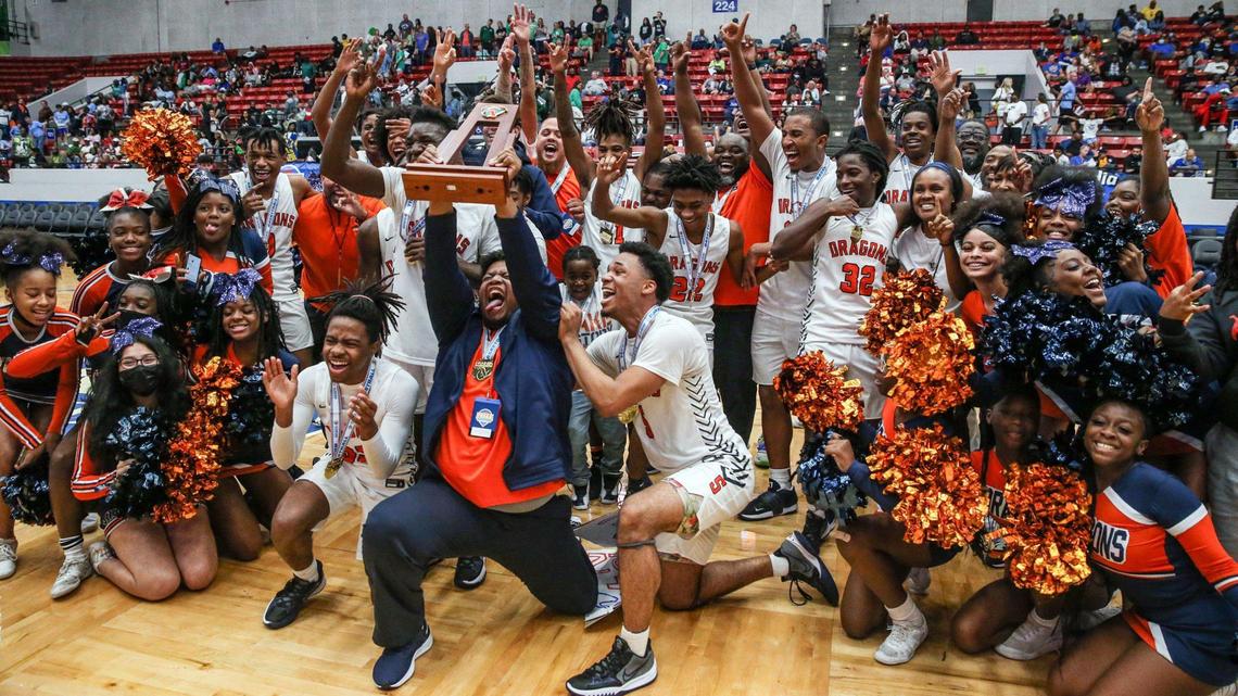 Stranahan celebrates after defeating St. Petersburg in the Florida High School Athletic Association Class 5A boys basketball state championship at the RP Funding Center in Lakeland on Saturday, March 5, 2022.