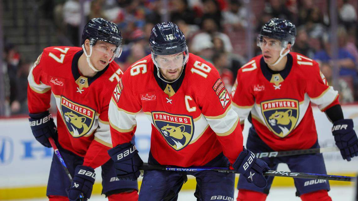 Nov 6, 2023; Sunrise, Florida, USA; Florida Panthers center Aleksander Barkov (16) looks on against the Columbus Blue Jackets during the first period at Amerant Bank Arena.