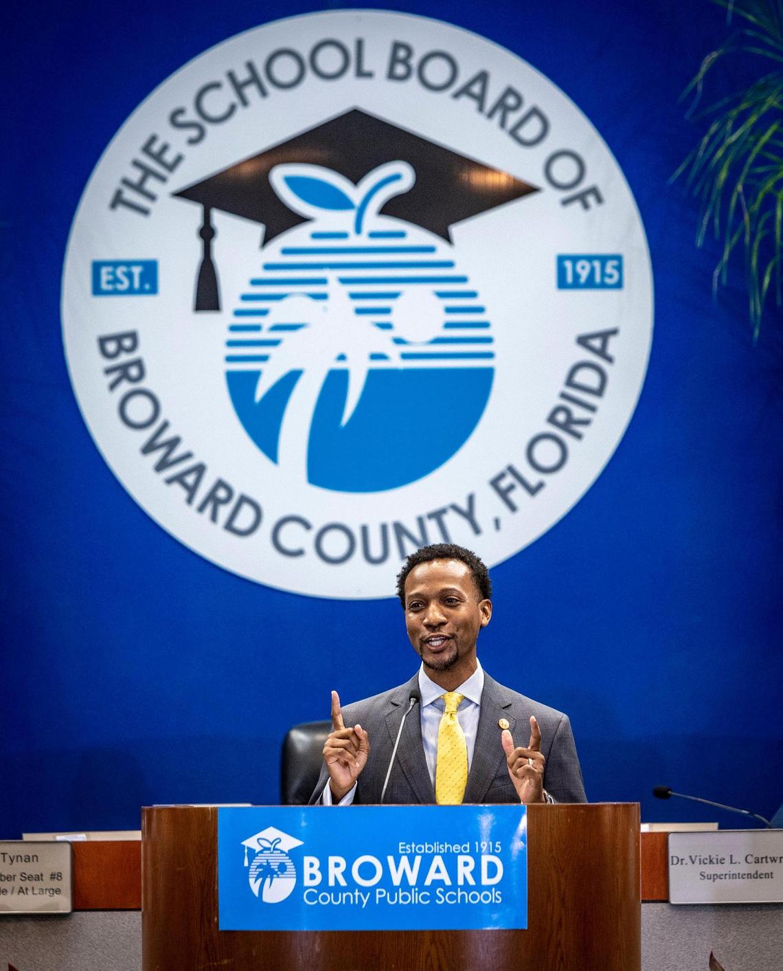 Fort Lauderdale, Florida, August 30, 2022 - Torey Alston, one of the four new Broward School Board members, speaks after being sworn in at the Kathleen C. Wright Administration Center, 600 SE Third Ave. Fort Lauderdale, Florida, on Aug. 30, 2022. He was one of four board members that Gov. DeSantis appointed in August after removing four elected board members. Alston was elected chair.
