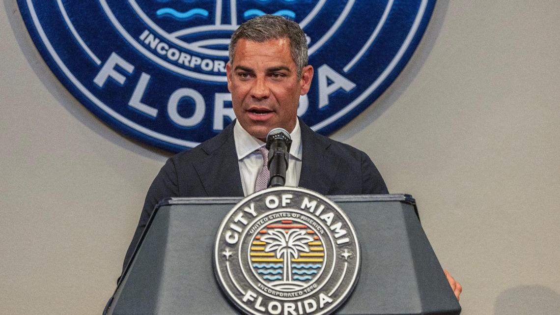Mayor Francis Suarez welcomes the newly elected District 4 Commissioner Ralph Rosado during his swearing-in ceremony at Miami City Hall, on Tuesday, June 10, 2025.