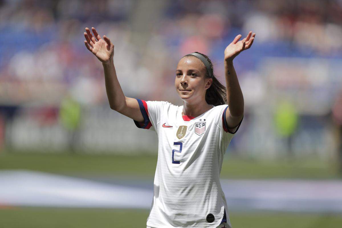 United States forward Mallory Pugh is introduced during a send-off ceremony ahead of the FIFA Women’s World Cup after an international friendly soccer match against Mexico, Sunday, May 26, 2019, in Harrison, N.J. The U.S. won 3-0.