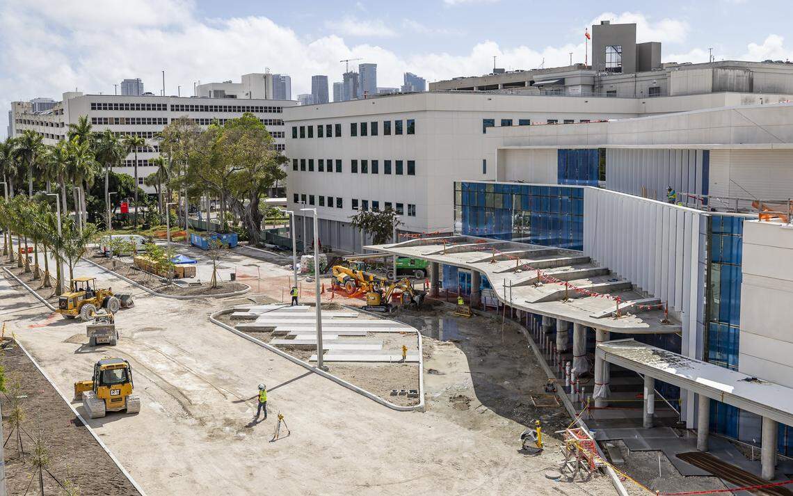 Construction crews work on the exterior of Jackson Memorial Hospital's new emergency department on Thursday, March 5, 2026, in Miami, Fla. The new facility doubles the size of their current emergency room and is expected to reduce patient wait times.