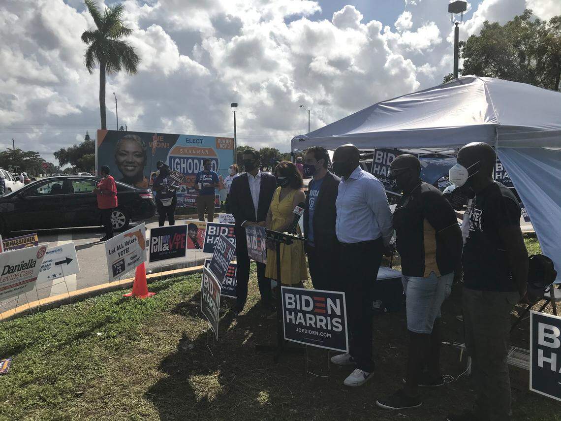 Left to right: Sen. Jason Pizzo, Sen. Annette Taddeo, Miami-Dade Democratic Party Chairman Steve Simeonidis, Sen. Oscar Braynon and Rep. Shevrin Jones criticize President Donald Trump for scheduling a rally at Opa-locka’s airport late Sunday.