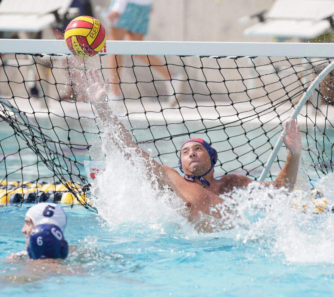 Belen Jesuit’s goalkeeper Bryan Weglarz defnds the goal during the State Water Polo Boys final game against Orlando’s Dr. Phillips on Saturday, April 23, 2022 in Miami. Andrew Uloza / for THE MIAMI HERALD