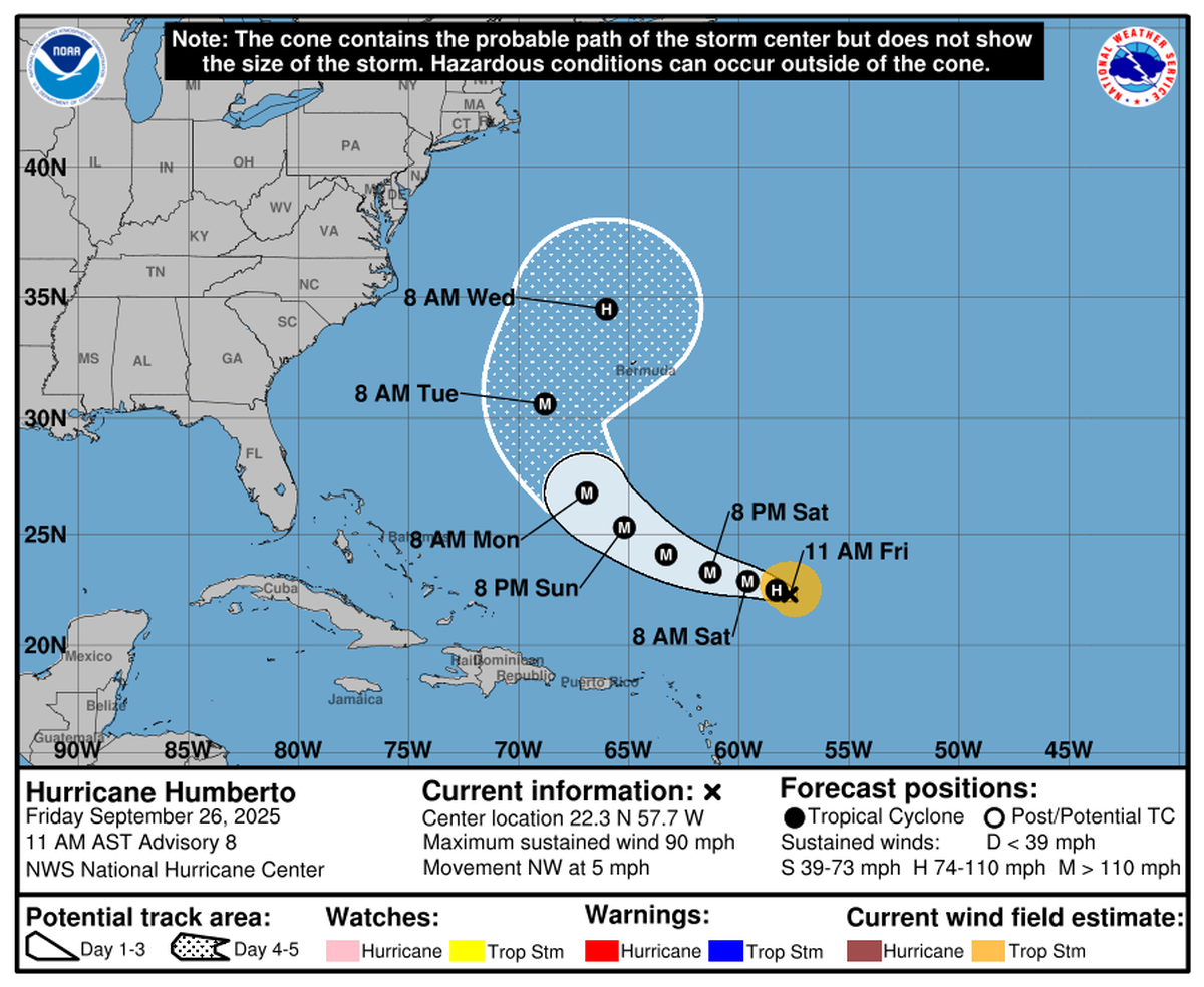 Hurricane Humberto, a Category 2, is set to strengthen into a major hurricane over the weekend.