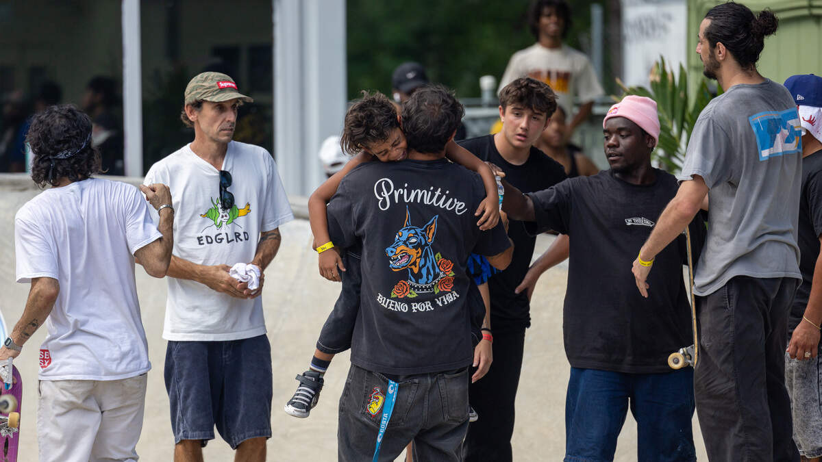 Bastian Bello, 8, is carried off the pump track after falling in a head-to-head heat at SkateBird Miami in Miami, Fla., on Sunday, June 21, 2026.