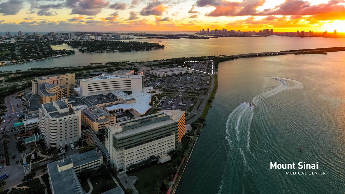 A photograph of Mount Sinai Medical Center in Miami Beach showing the location of the planned Braman Cancer Center near the Julia Tuttle Causeway.