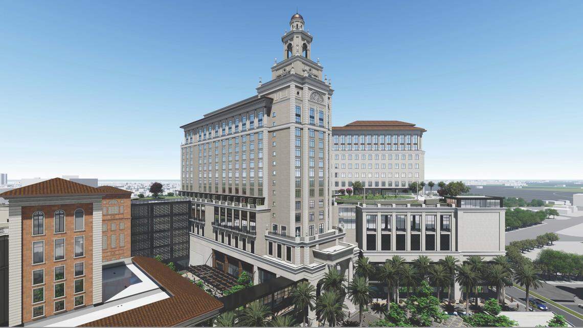 Architectural rendering of the Loews Coral Gables Hotel, to be located at 2901 Ponce De Leon Blvd. The hotel will be part of The Plaza mixed-use project currently under construction.