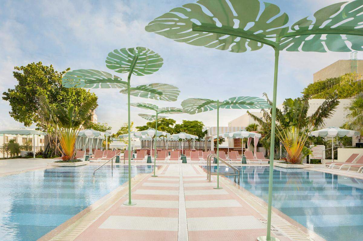 The third floor deck of the Goodtime Hotel features twin pools, part of Strawberry Moon, the hotel’s restaurant, pool and bar space.