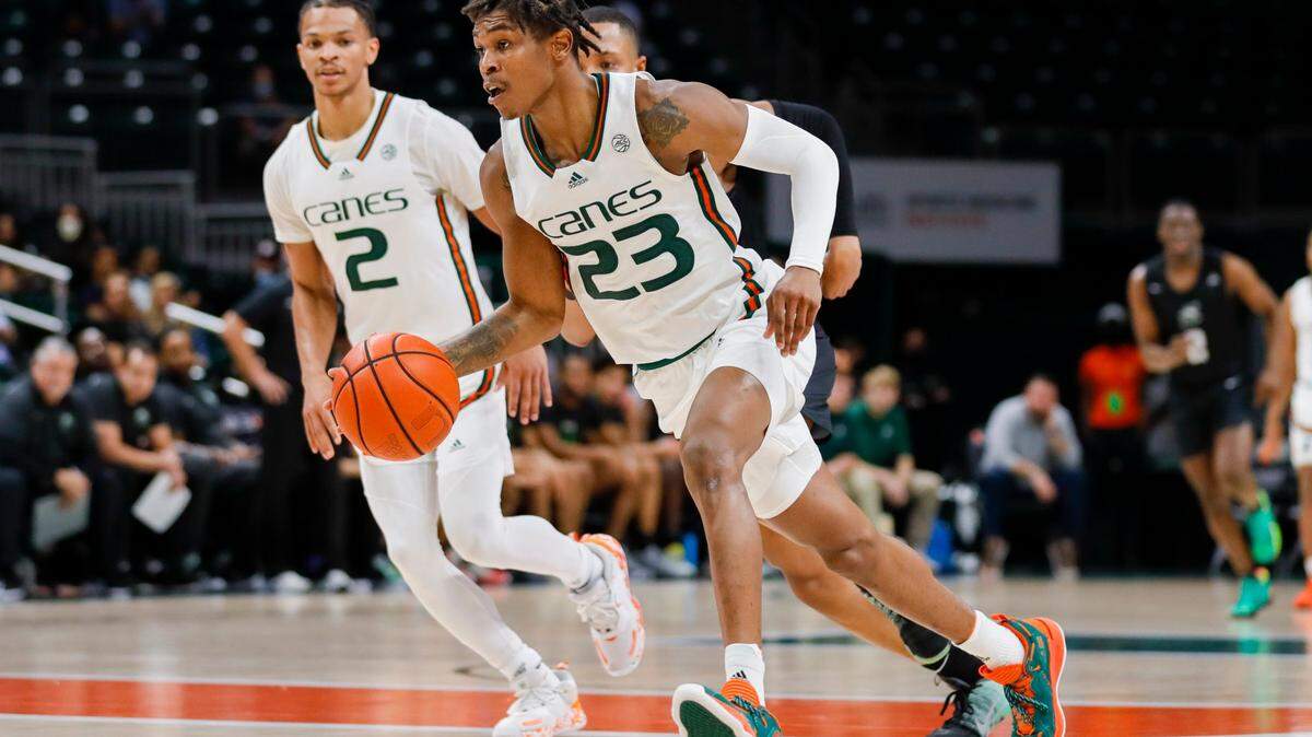 Miami Hurricanes guard Kameron McGusty (23) scored 27 points against Stetson in an 82-72 win on Dec. 20, 2021.