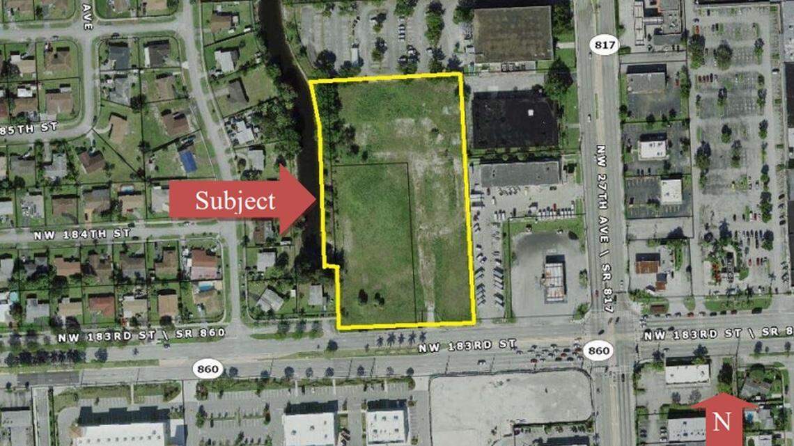 An aerial view of the property located at 2775 Northwest 183rd St. in Miami Gardens. A proposed development could bring housing and retail to the city.